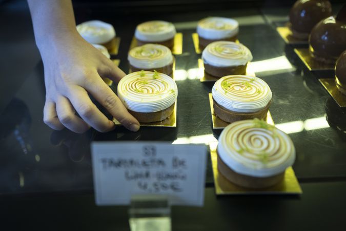 Delicious meringue cake into a bakery display