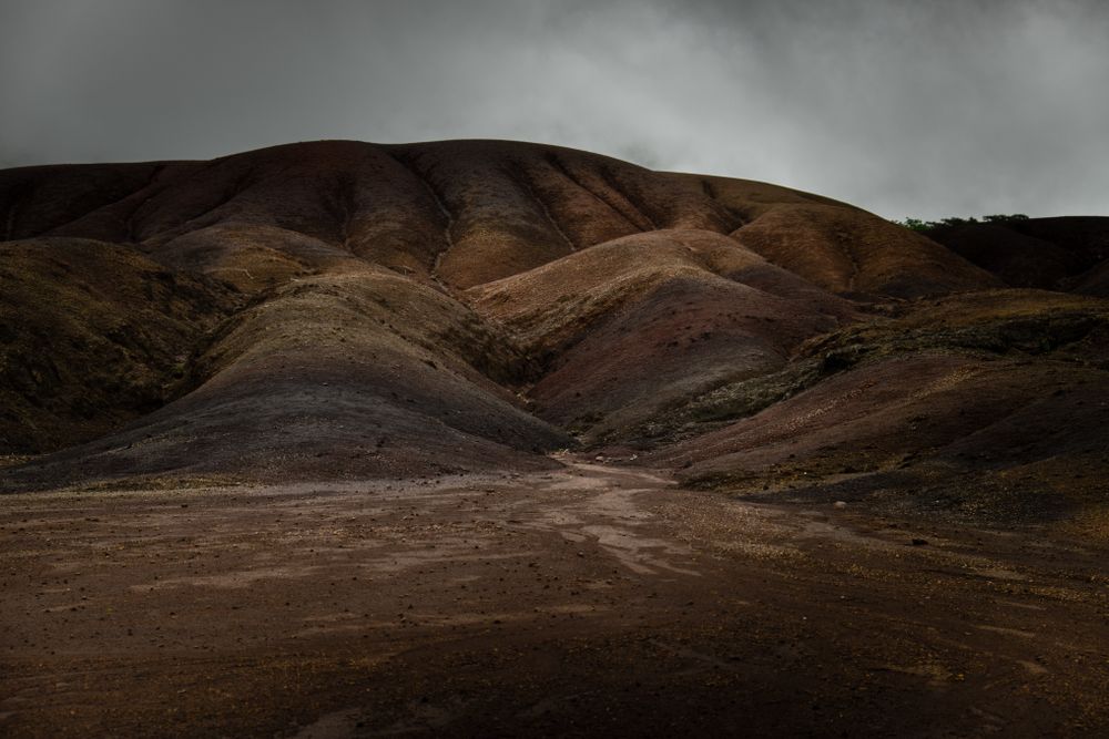 Shot looking up at hills in Mauritius on overcast day