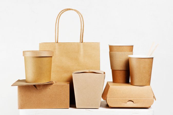 Brown recyclable shopping bags and to go containers