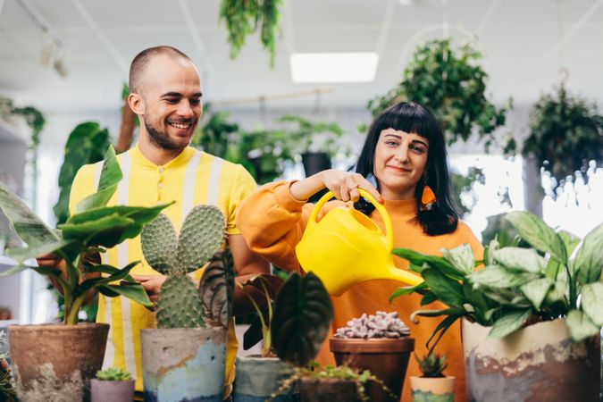 Man and woman looking after plants in flower shop.