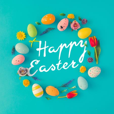 Easter eggs wreath on bright blue background with the words “Happy Easter”