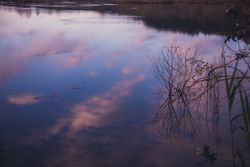 Cloudy evening sky over calm lake