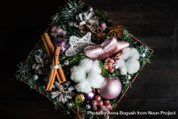 Top view of box of Christmas decorations with baubles, fir tree and cotton heads 5rVqp5