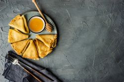 Top view of plate of pancakes with copy space