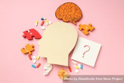 Paper cut out of side view of head with medications and puzzle pieces on pink background 0y37W4