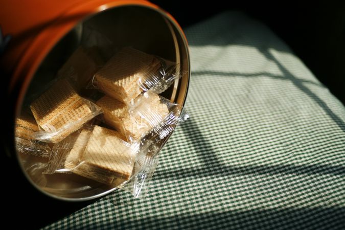 Tin of wafers in sunlight