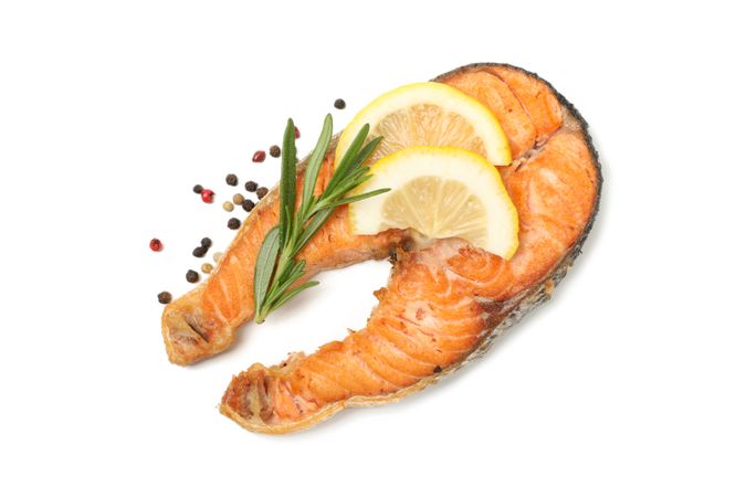 Tasty grilled salmon isolated on blank background