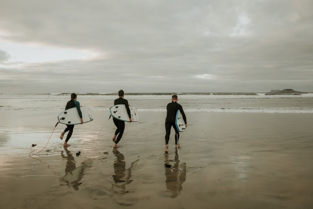 People with surfboard walking near sea