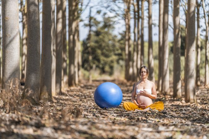 Serene adult pregnant woman meditating while sitting on ground among trees in park during sunny day