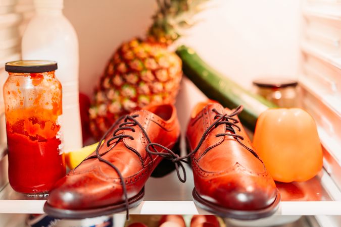 Shoes and food into a refrigerator for fools day