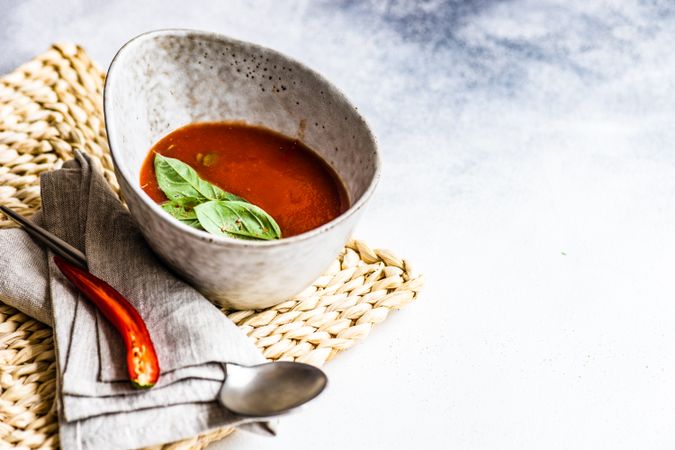 Traditional Spanish soup gazpacho in ceramic bowl with copy space