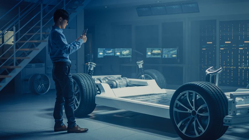 Automobile Engineer Working on Electric Car Chassis Platform, Using Tablet Computer Augmented Reality with 3D CAD Software Modelling.