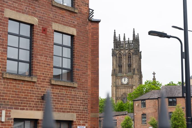 Church in distance in British town