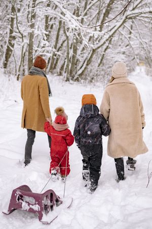 Back view of family with children walking on snow covered ground