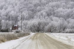 An isolated gravel road leading to a red house and stop sign
