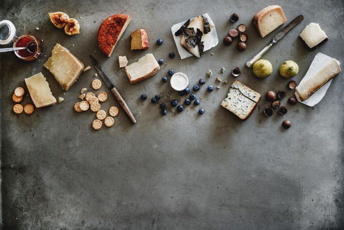 Wine snack variety, top view, copy space