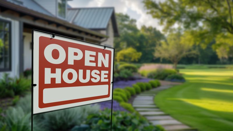 Open House Real Estate Yard Sign In Front of Beautiful House.