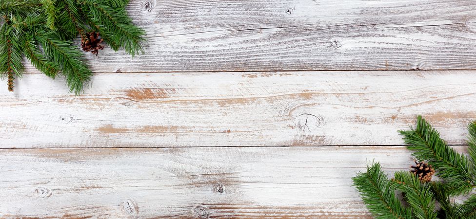 Christmas Evergreen decorations in left and right corners on vintage wooden boards