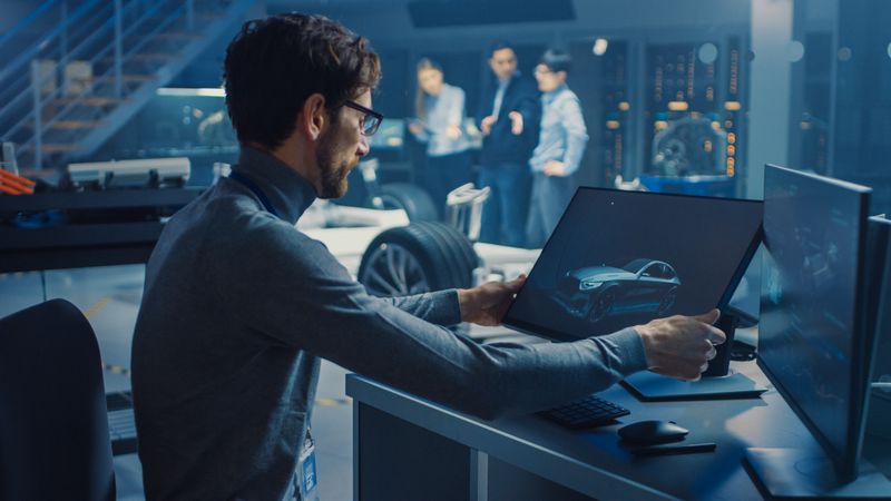 Professional Automotive Graphic Designer is Working on Concept Car Render with a Stylus Pen in a High Tech Innovative Laboratory with a Prototype Car Chassis.