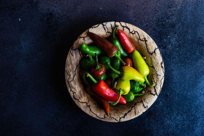 Top view of paprika peppers in a bowl