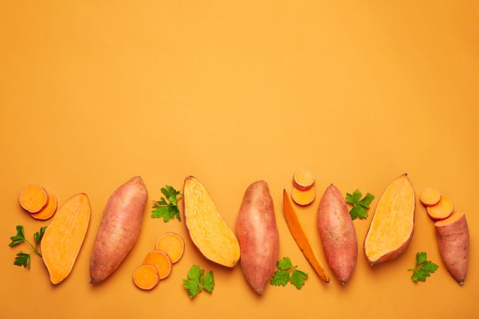 Concept of vegetables, sweet potato, space for text