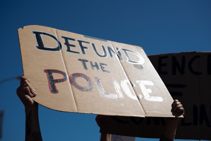 Los Angeles, CA, USA — June 7th, 2020: “defund the police” sign at protest rally