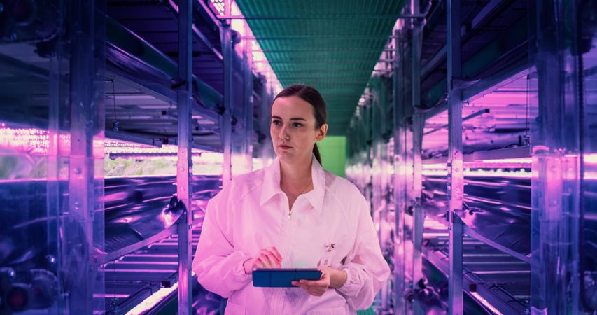 Portrait of a Female Agricultural Engineer Walking in a Vertical Farm Facility Next to Racks with Fresh Natural Crops. Hydroponics Specialist Using a Tablet Computer, Studying and Cultivating Plants