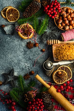 Top view of fragrant Christmas spices for mulled wine on counter