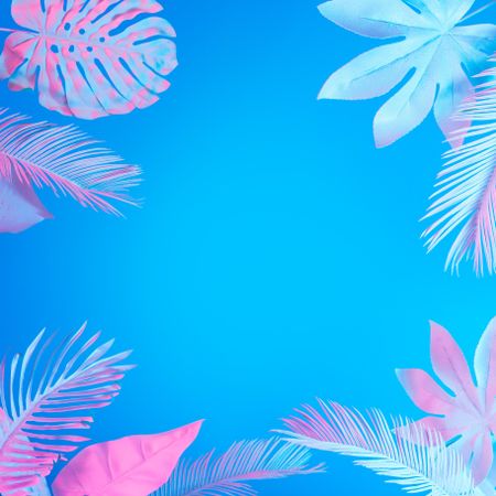Tropical and palm leaves in vibrant bold blue and pink gradient holographic neon colors