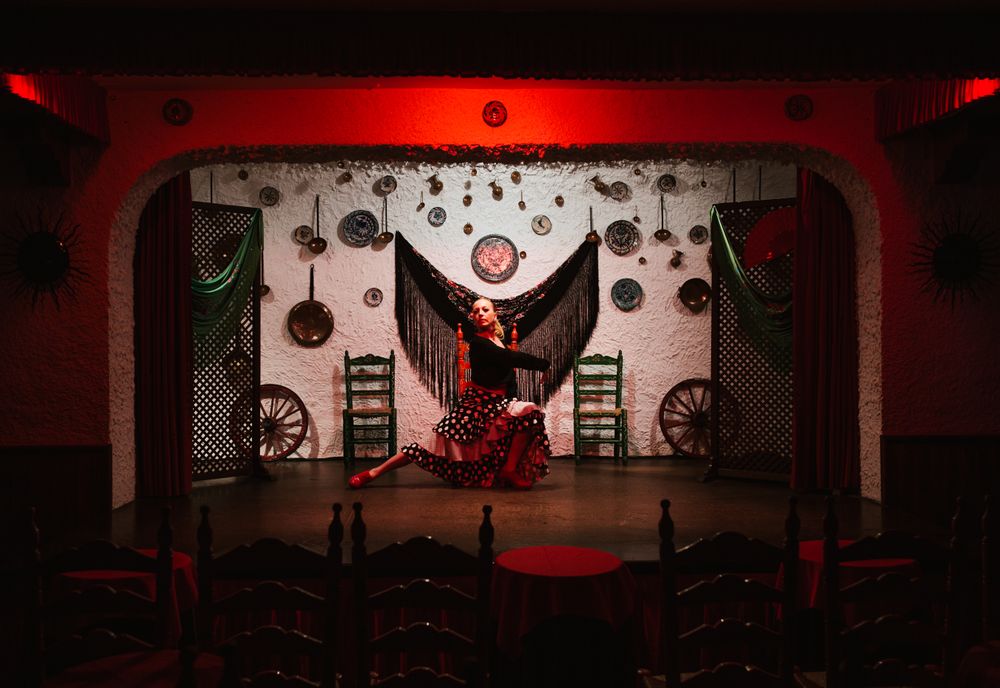 Woman dancer in flamenco costume standing in dance posture