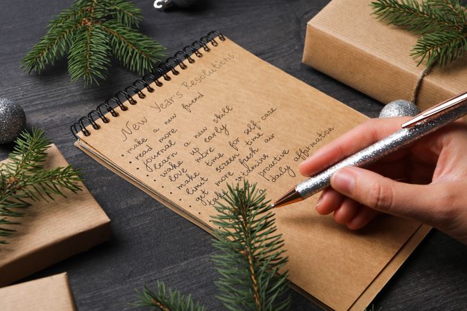 Concept of New Year Resolutions list, new year goals, close up