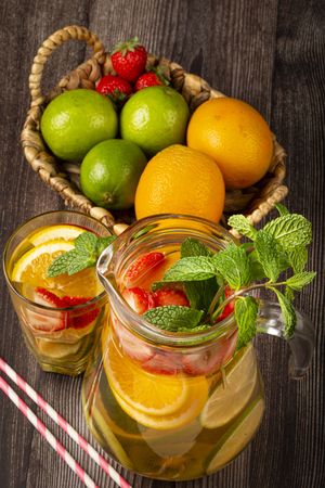 Water flavored with fresh summer fruit.