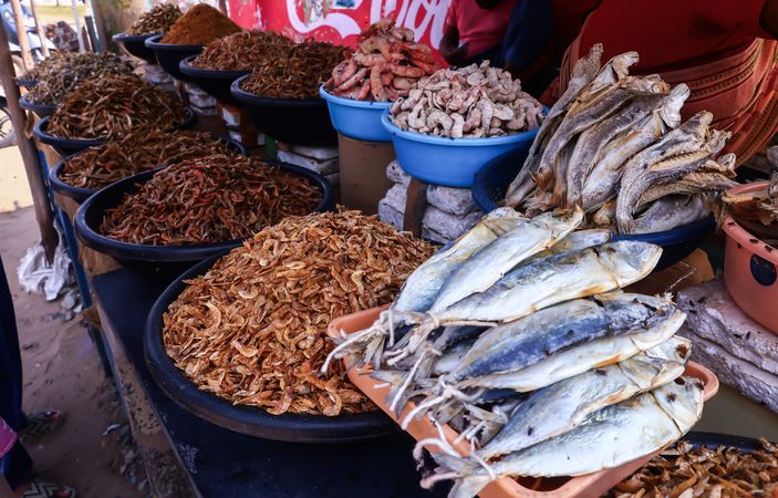 Assorted Dried Fish and Spices at Local Market Stall
