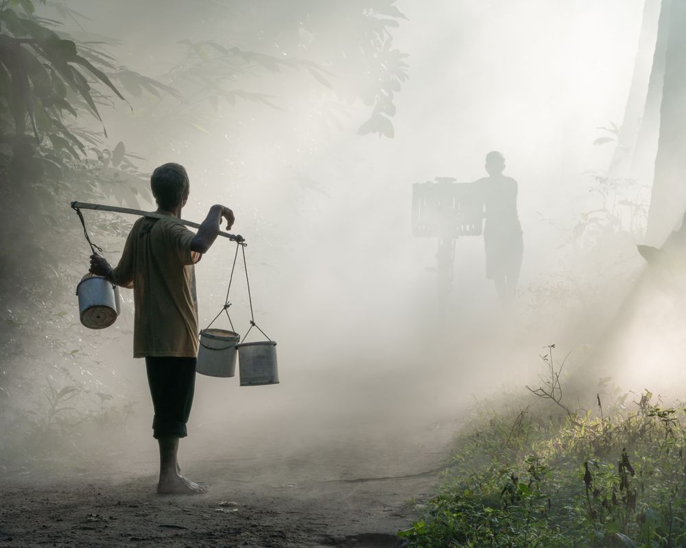 Back view of man holding carrying pole standing in a foggy road