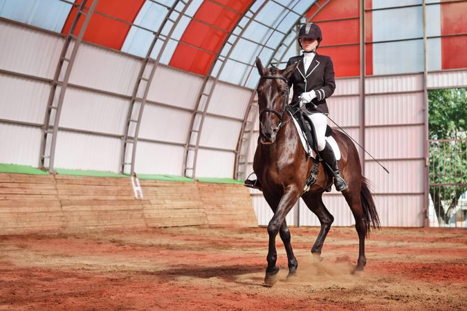 Horse trotting in arena with horseback rider, with space for text