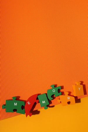 Vertical composition of orange background with puzzle pieces spelling out the word “Memory”