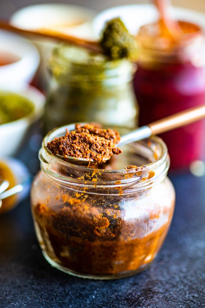 Pot of traditional Georgian adjika sauce
