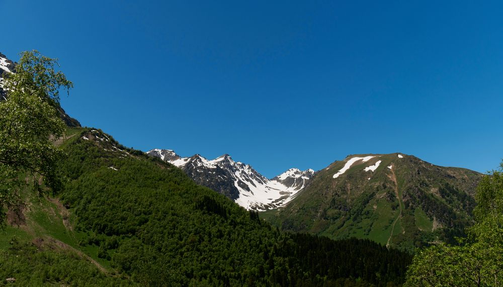 Mountain valley with snow patches and lush greenery
