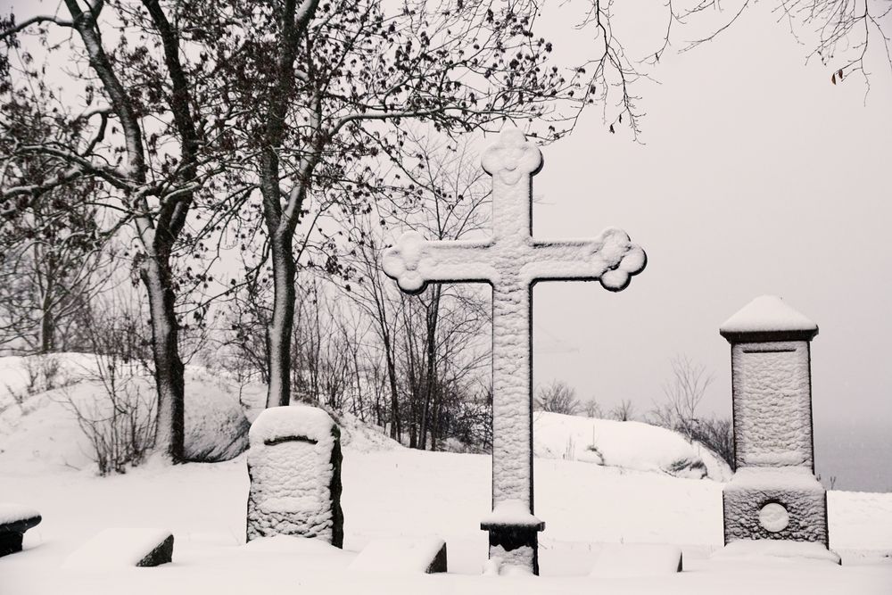 Graveyard on cold winter day