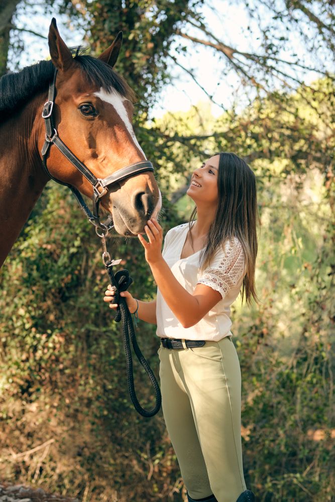 Delighted woman stroking horse in woods