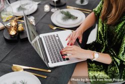 Cropped image of woman in green dress using computer sitting at a dinner table 4893kb