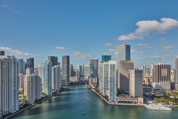 Aerial view of dense Miami skyline from Biscayne Bay