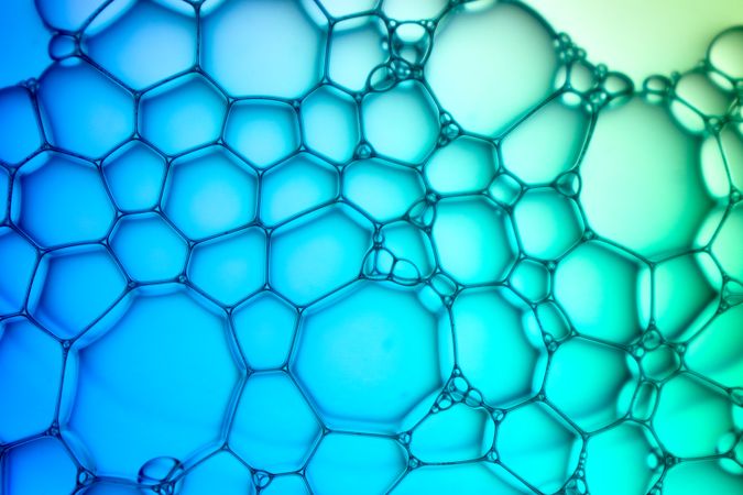 Abstract background bio technology, macro photography foam and water with gradient background. Molecule multicolor backgorund
