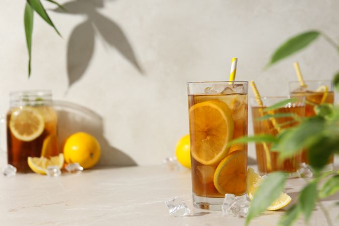 Cold tea with fresh oranges and mint leaves