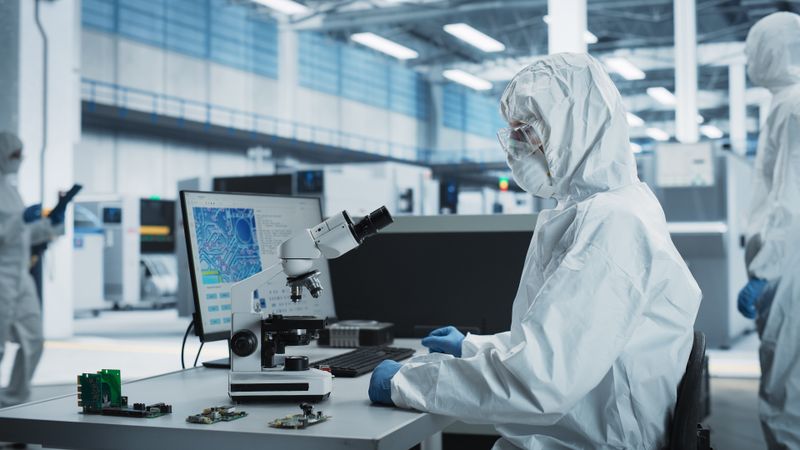 Unrecognizable people in protective gear working in front of screen with fluorescent lights