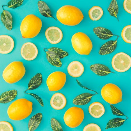 Lemons, whole and slices and green leaves on bright blue background