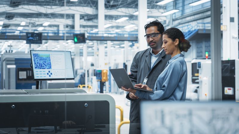 Indian Male Industrial Engineer And Hispanic Female Manager Using Laptop And Talking At an Electronics Factory.