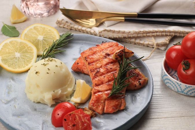 Salmon Steak with Mashed Potato and Lemon Rosemary