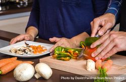 Hands of couple cutting vegetables for dinner 4Z8Rr0