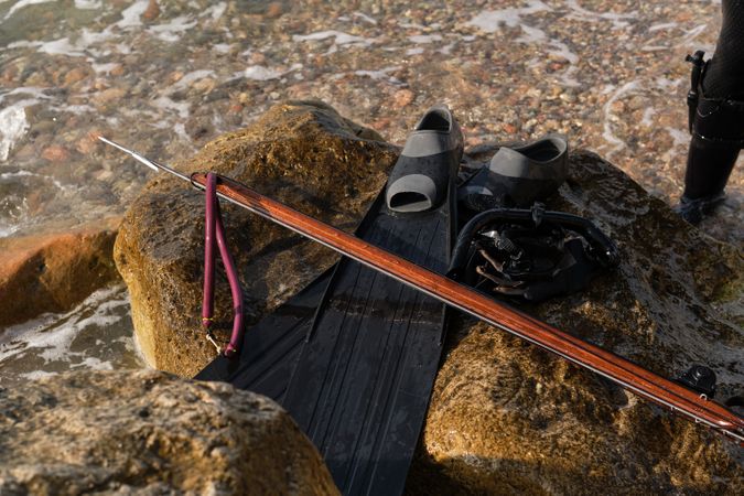 From above of harpoon and flippers on rock near sea